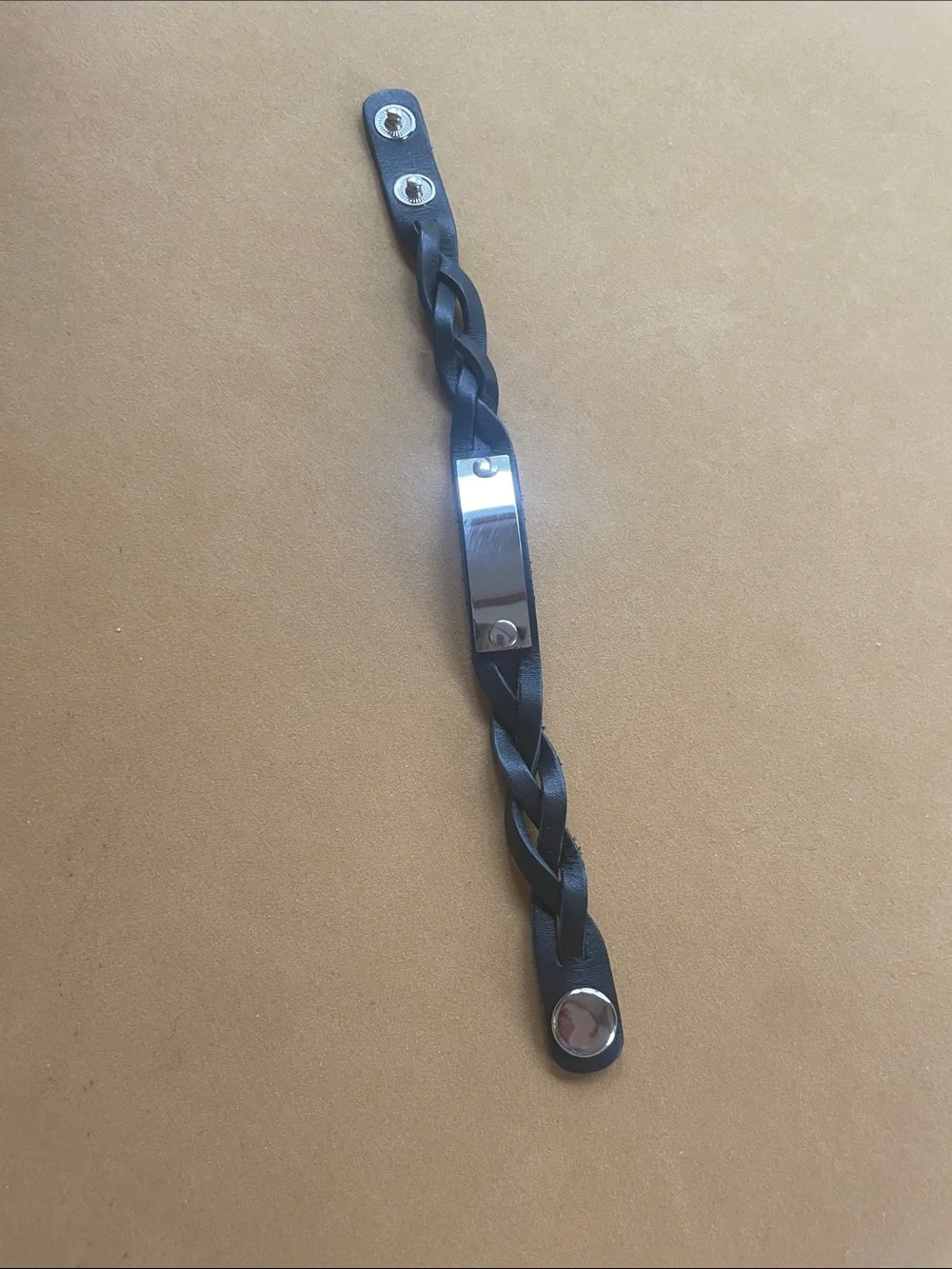 Plunder Design Black Braided Leather Snap Bracelet. Silver ID Tag New in Package